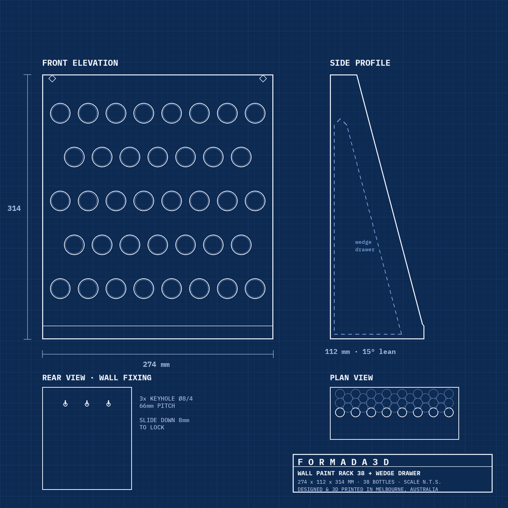 Technical blueprint of the wall paint rack 38 with drawer and keyhole wall fixing