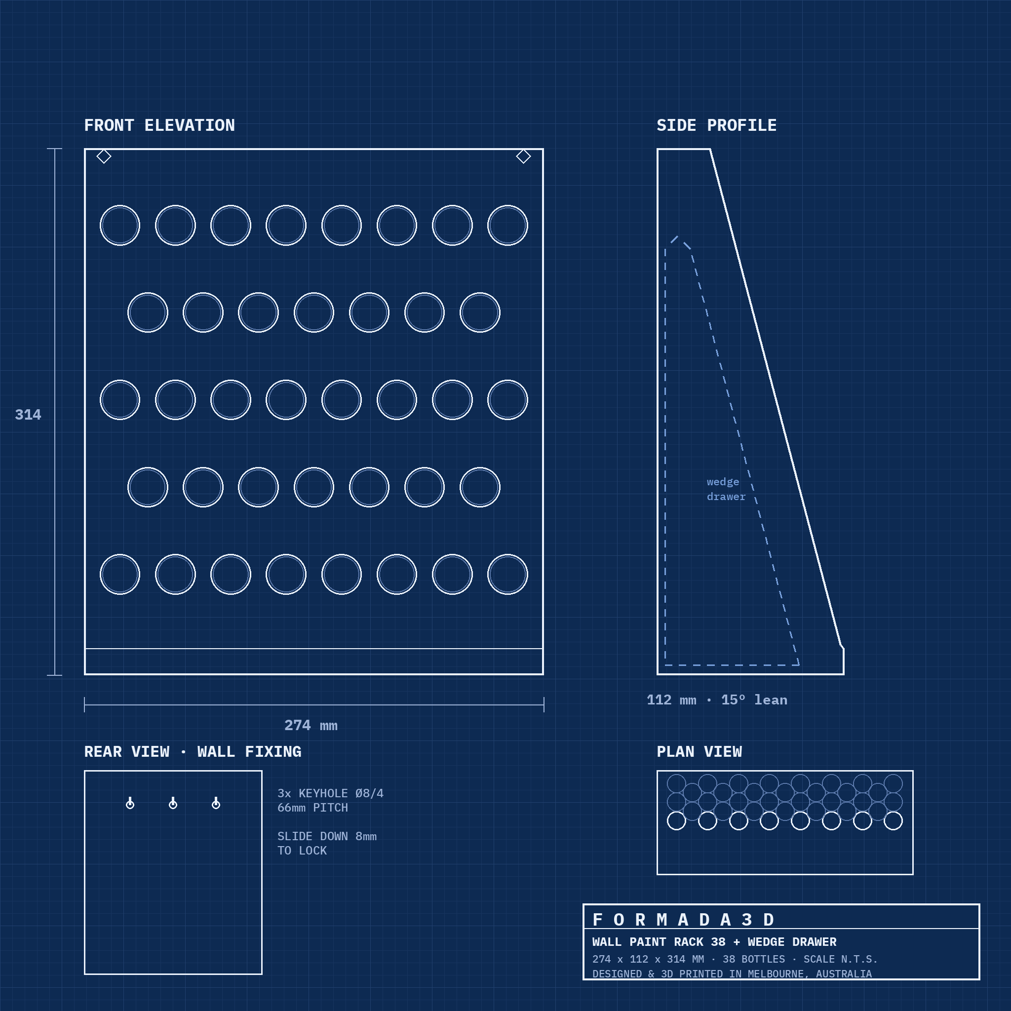 Technical blueprint of the wall paint rack 38 with drawer and keyhole wall fixing