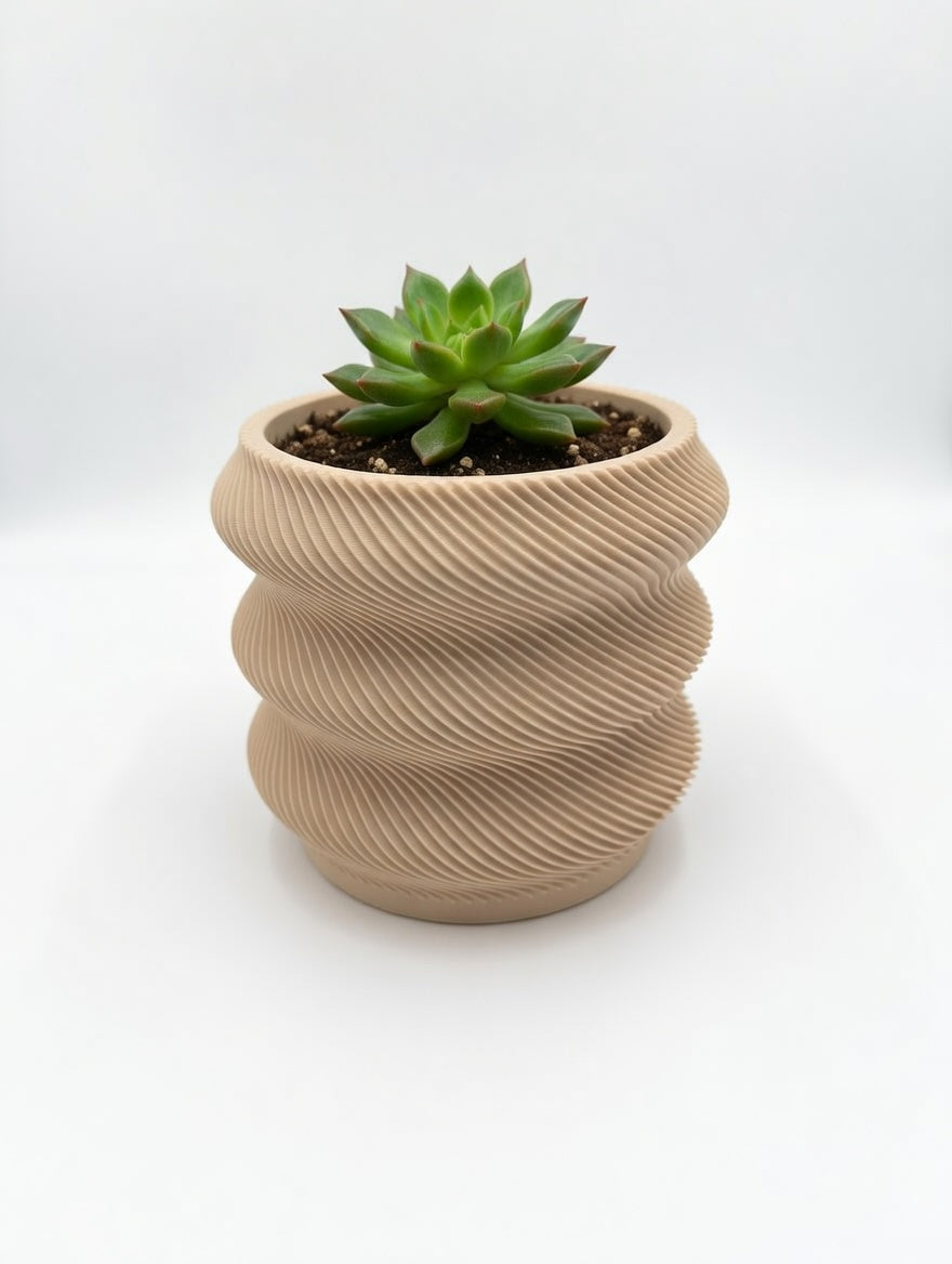 Wavy Twisted Fluted Desk Planter in Matte Beige with succulent, front view
