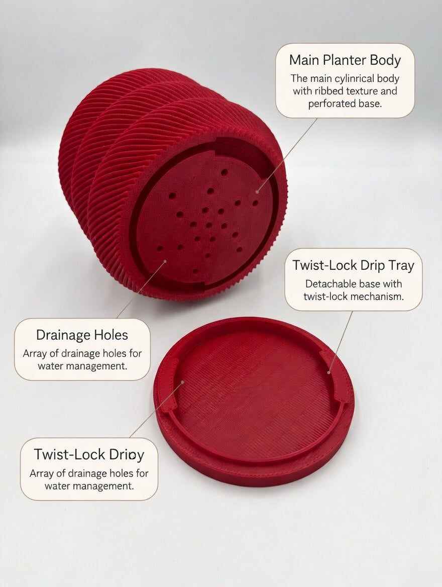 Labelled diagram of planter parts: planter body, twist-lock drip tray, drainage holes