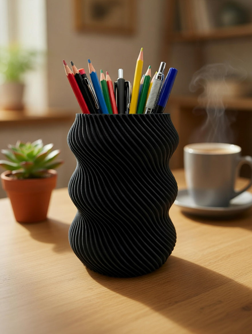 Black wavy twisted pencil holder in a warm home office with plants